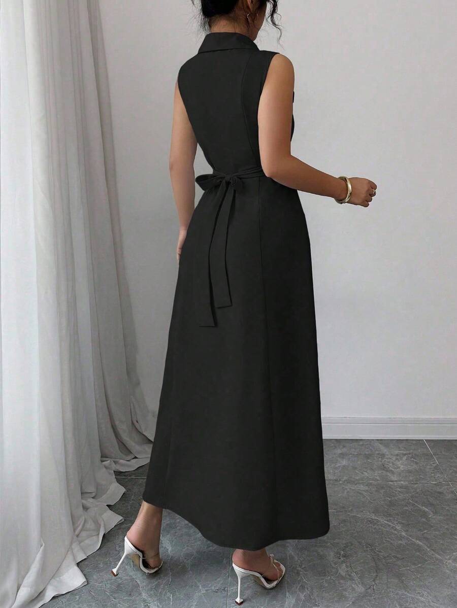 SHEIN Elenzga فستان أسود سادة بدون أكمام أنيق