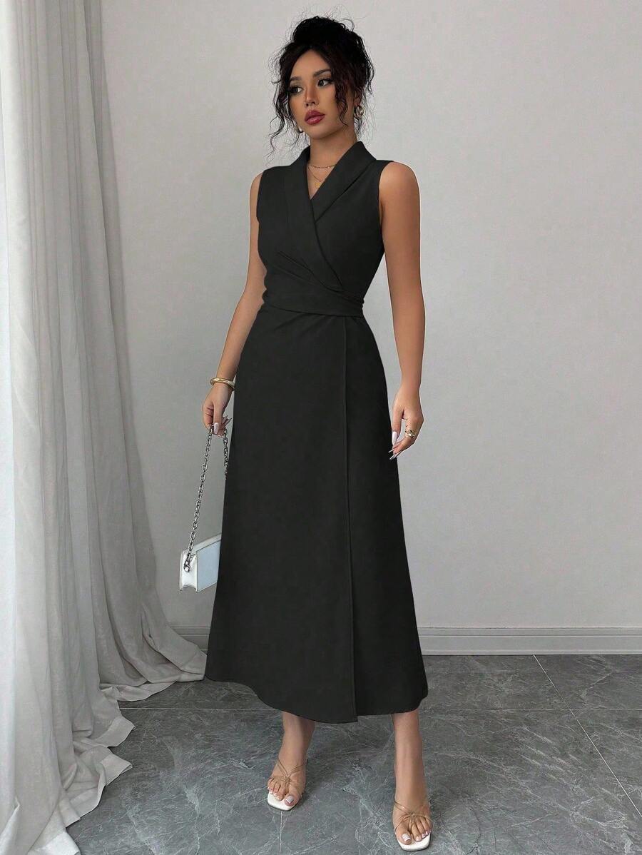 SHEIN Elenzga فستان أسود سادة بدون أكمام أنيق