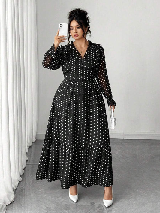 SHEIN Elenzga فستان أسود بطبعة نقاط بيضاء بأكمام طويلة للمقاسات الكبيرة