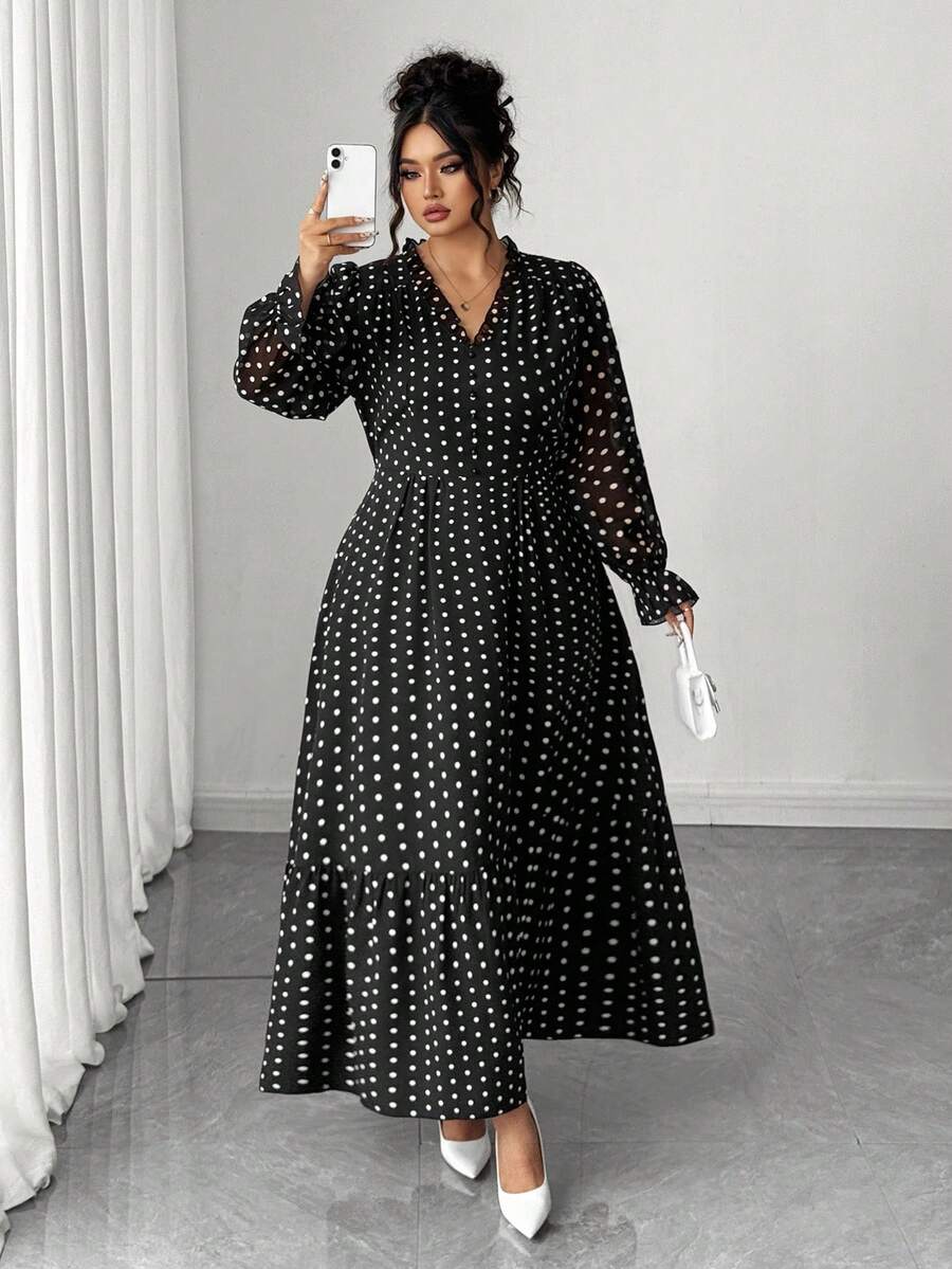 SHEIN Elenzga فستان أسود بطبعة نقاط بيضاء بأكمام طويلة للمقاسات الكبيرة