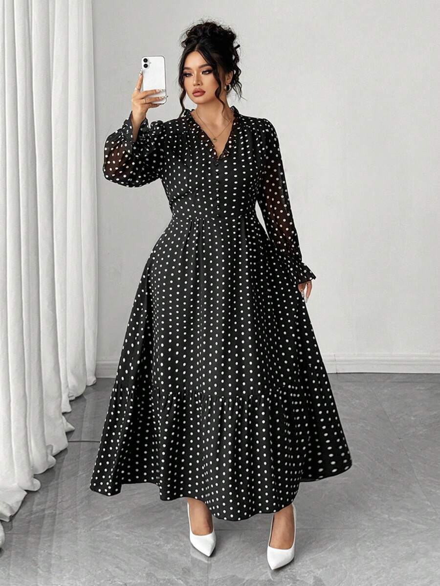 SHEIN Elenzga فستان أسود بطبعة نقاط بيضاء بأكمام طويلة للمقاسات الكبيرة