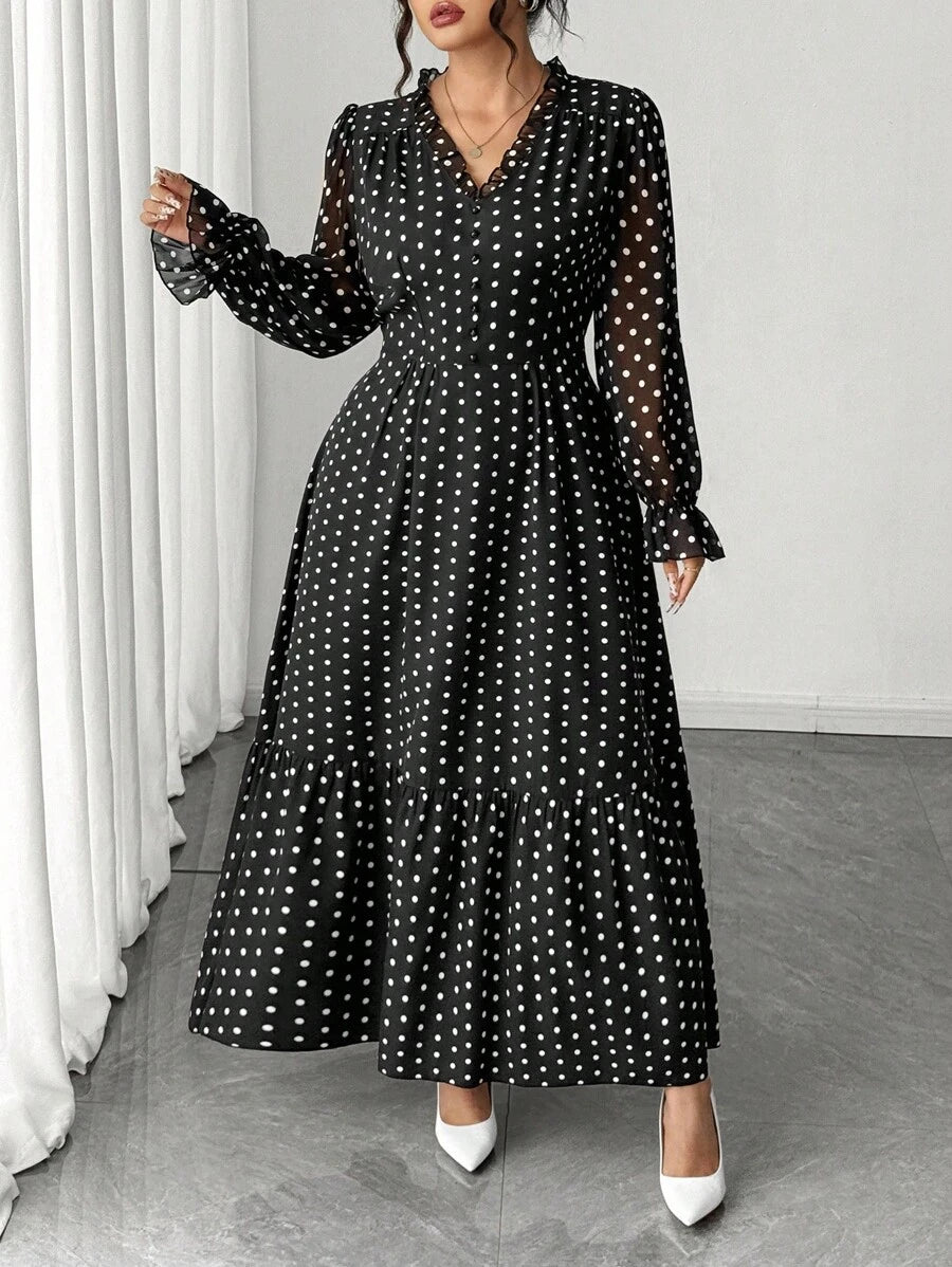 SHEIN Elenzga فستان أسود بطبعة نقاط بيضاء بأكمام طويلة للمقاسات الكبيرة