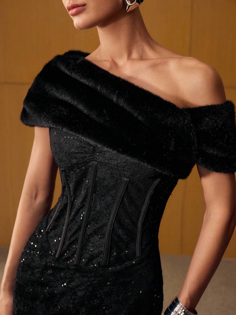 SHEIN MOTF PREMIUM فستان أسود طويل بكتف غير متماثل ترتر ودانتيل بفرو صناعي