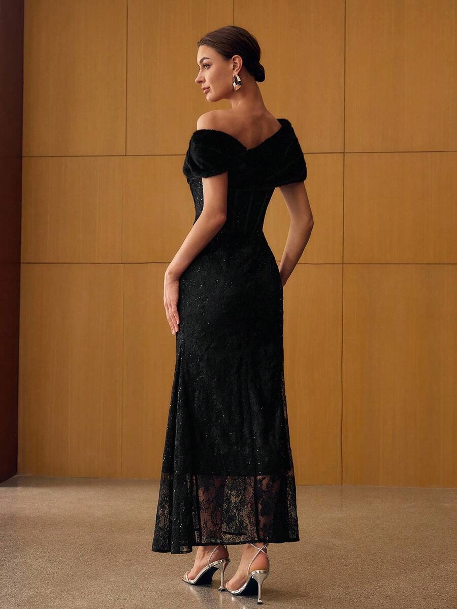 SHEIN MOTF PREMIUM فستان أسود طويل بكتف غير متماثل ترتر ودانتيل بفرو صناعي