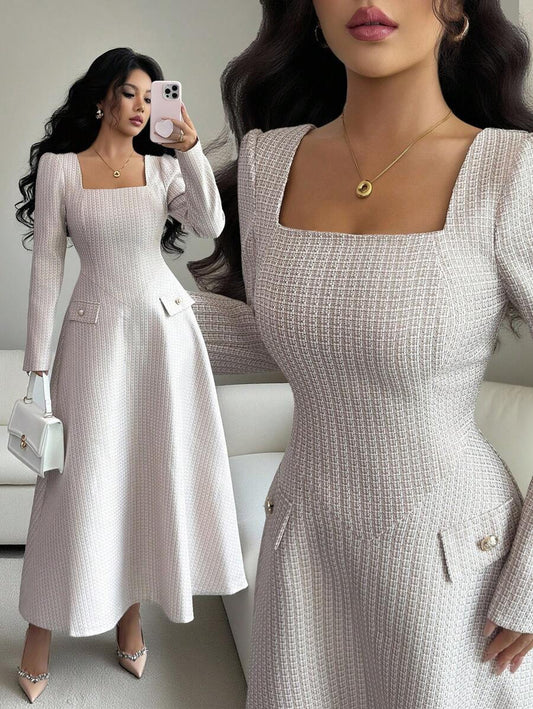 SHEIN Elenzga فستان ماكسي طويل الأكمام بياقة مربعة