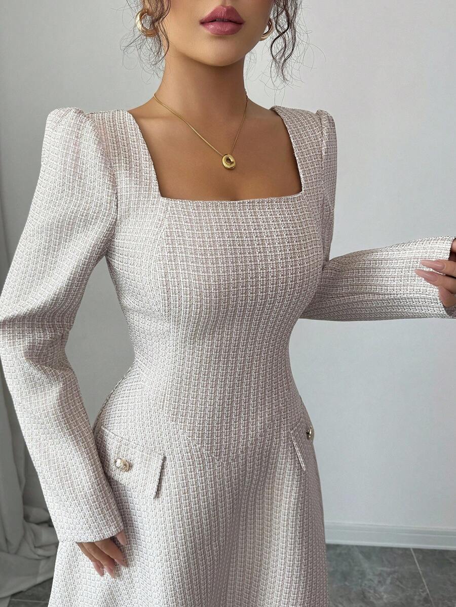 SHEIN Elenzga فستان ماكسي طويل الأكمام وياقة مربعة