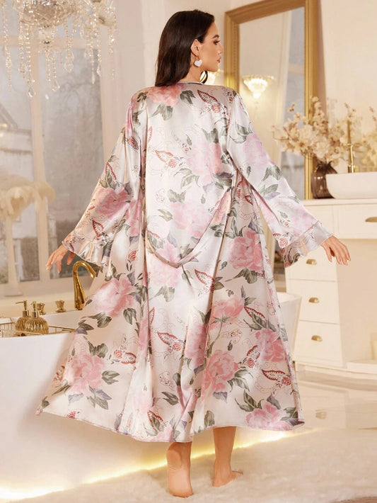 SHEIN LuxeNights قميص نوم ساتان مطبوع بالورود