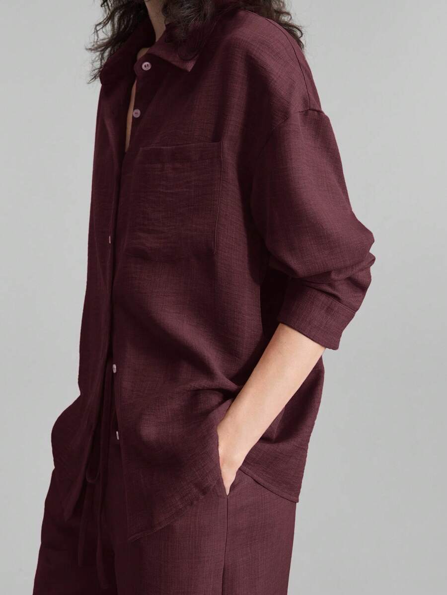 SHEIN Ontre طقم نسائي كاجوال من قطعتين بقميص وبنطال واسع