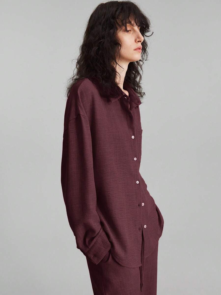 SHEIN Ontre طقم نسائي كاجوال من قطعتين بقميص وبنطال واسع