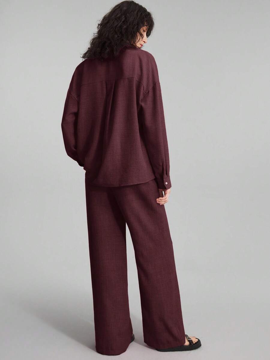 SHEIN Ontre طقم نسائي كاجوال من قطعتين بقميص وبنطال واسع