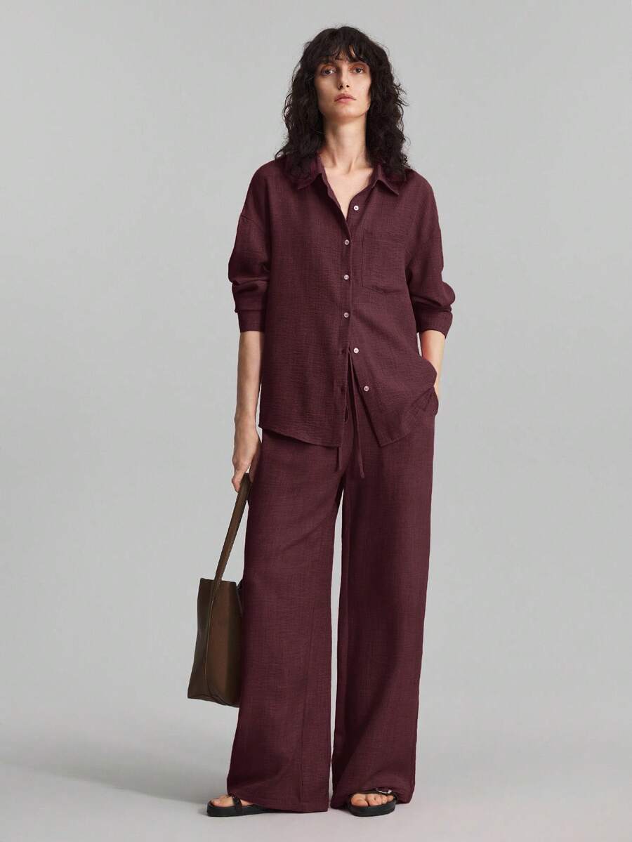 SHEIN Ontre طقم نسائي كاجوال من قطعتين بقميص وبنطال واسع