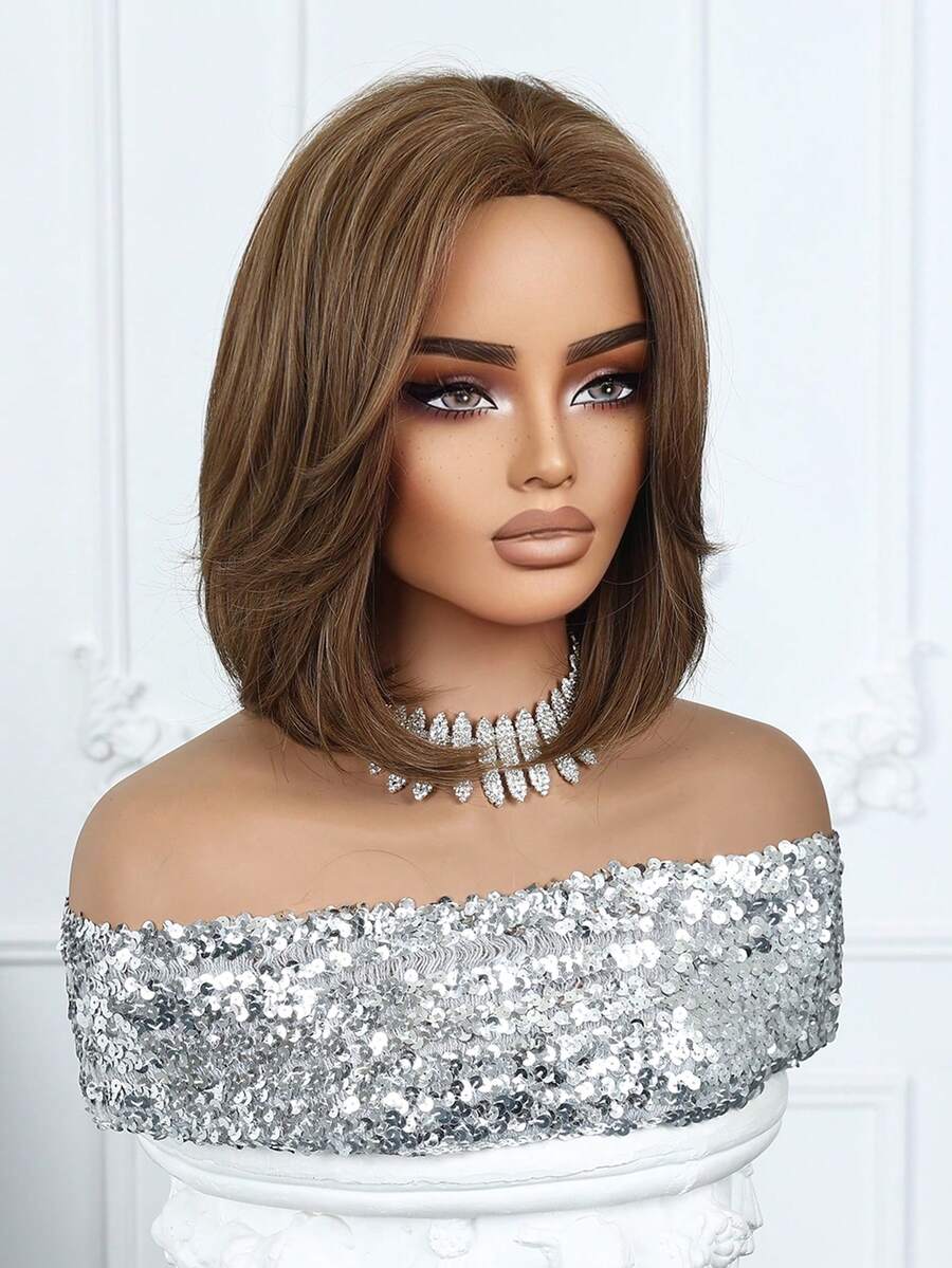 SHEIN باروكة قصيرة مموجة 12 بوصة بلون بني كتان مقاومة للحرارة