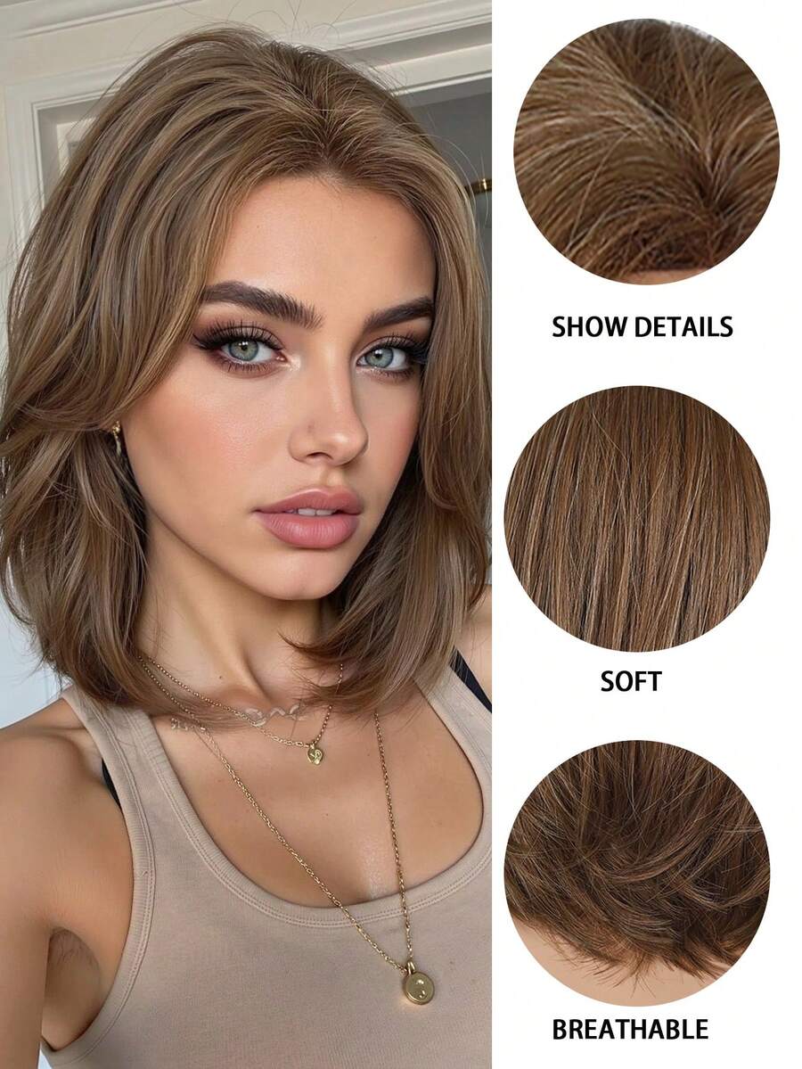 SHEIN باروكة قصيرة مموجة 12 بوصة بلون بني كتان مقاومة للحرارة