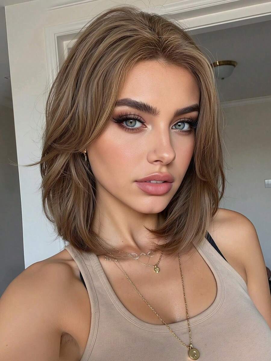 SHEIN باروكة قصيرة مموجة 12 بوصة بلون بني كتان مقاومة للحرارة