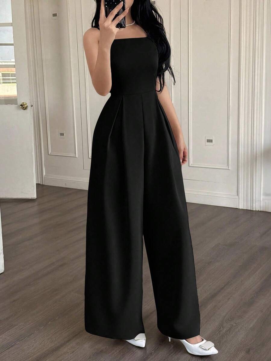 SHEIN EMERY ROSE جمبسوت أسود واسع الساق بطيات فضفاضة