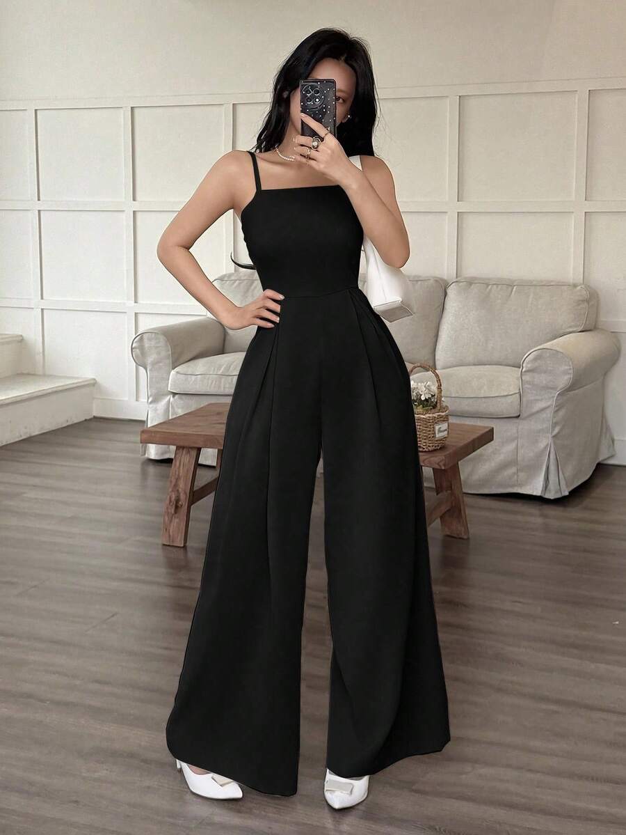 SHEIN EMERY ROSE جمبسوت أسود واسع الساق بطيات فضفاضة