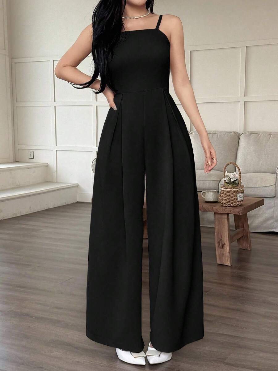 SHEIN EMERY ROSE جمبسوت أسود واسع الساق بطيات فضفاضة