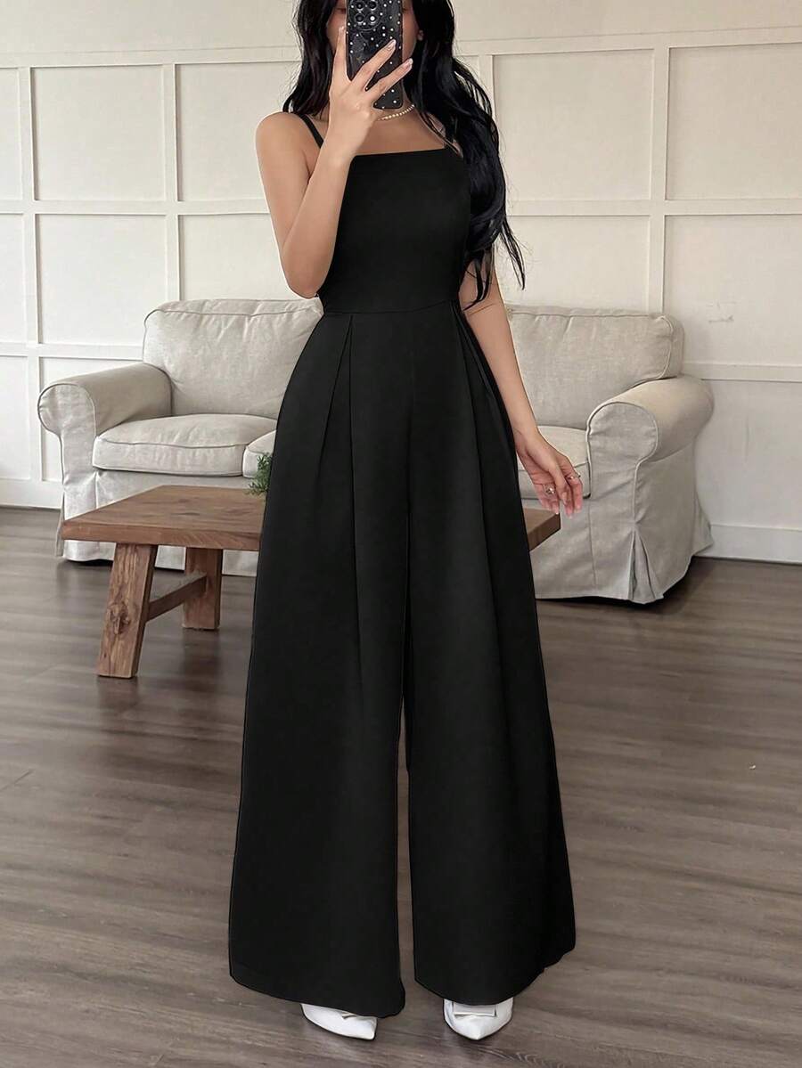 SHEIN EMERY ROSE جمبسوت أسود واسع الساق بطيات فضفاضة