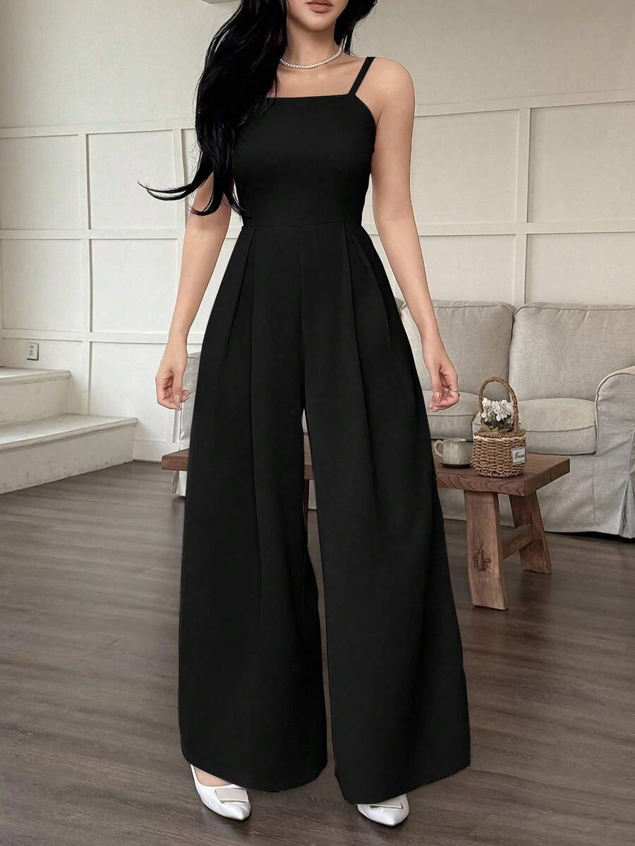 SHEIN EMERY ROSE جمبسوت أسود واسع الساق بطيات فضفاضة