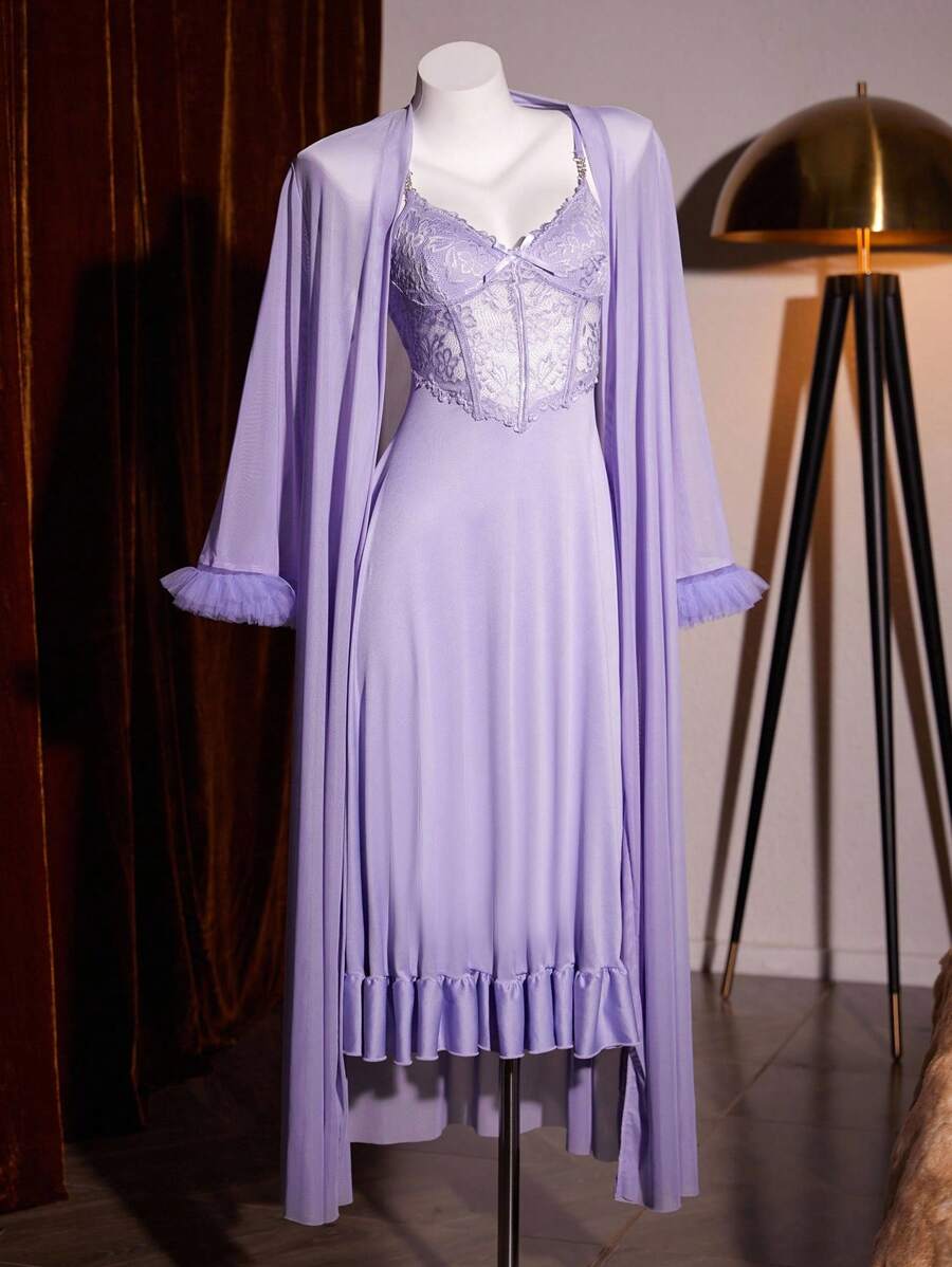SHEIN طقم قميص نوم دانتيل ورداء شبكي بأكمام واسعة
