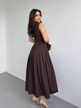 SHEIN فستان بني بتنورة مكشكشة من قماش مضفر