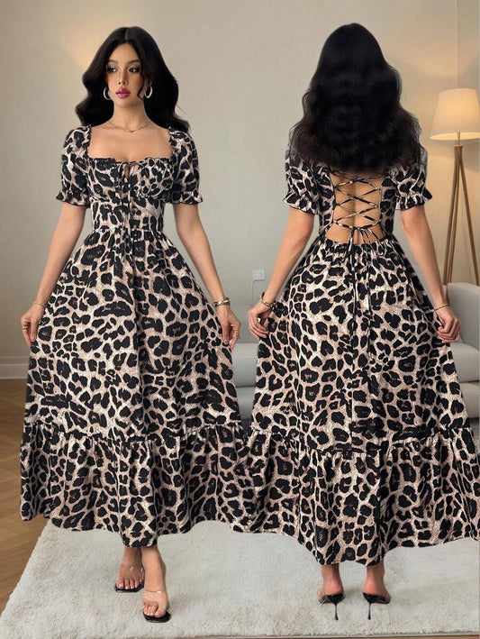 SHEIN Rafferiza فستان طويل بياقة مربعة وظهر متقاطع مشكوف بنقشة نمر