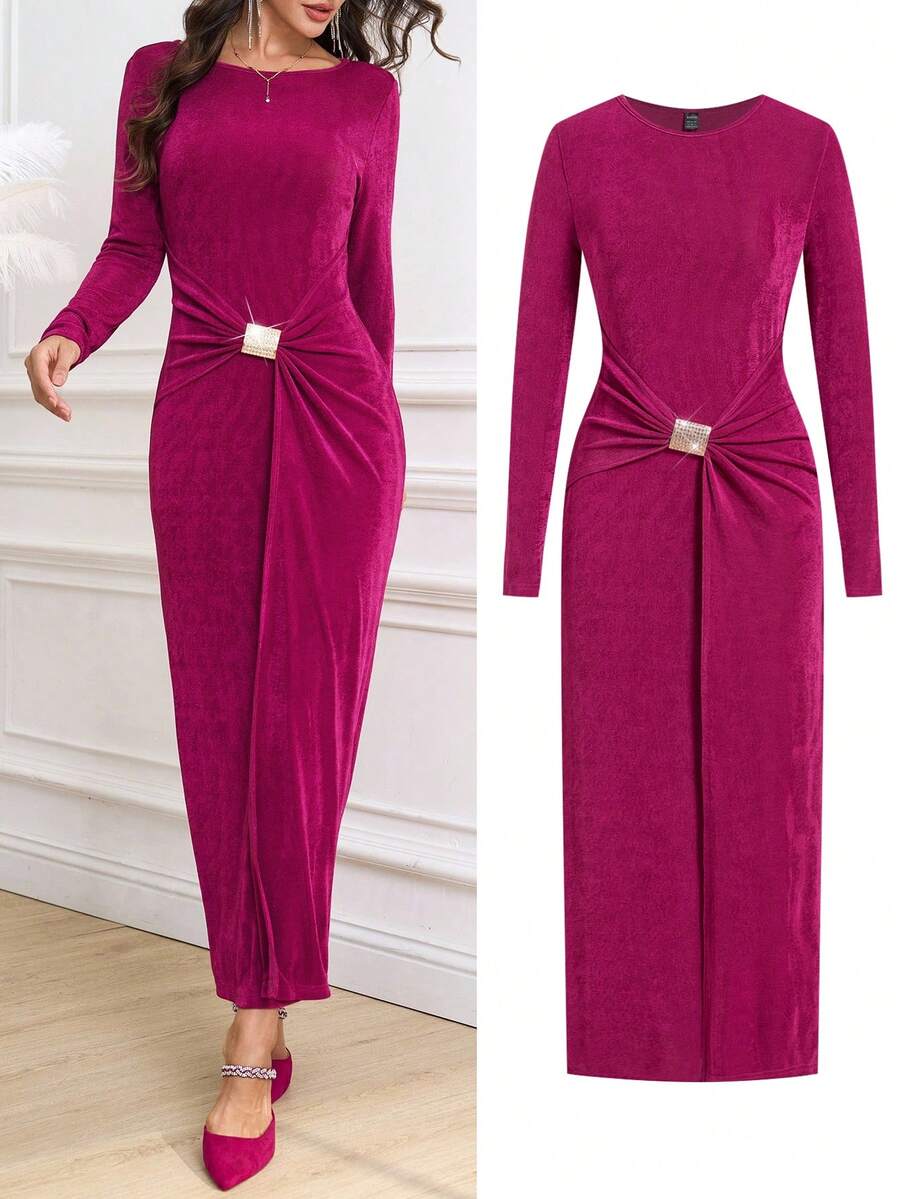 SHEIN Ellevyn فستان ماكسي لامع بأكمام مطاطية وزخارف معدنية