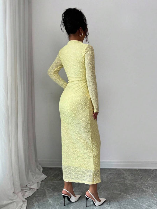 SHEIN Elenzga فستان طويل أنيق باللون الأصفر الكريمي