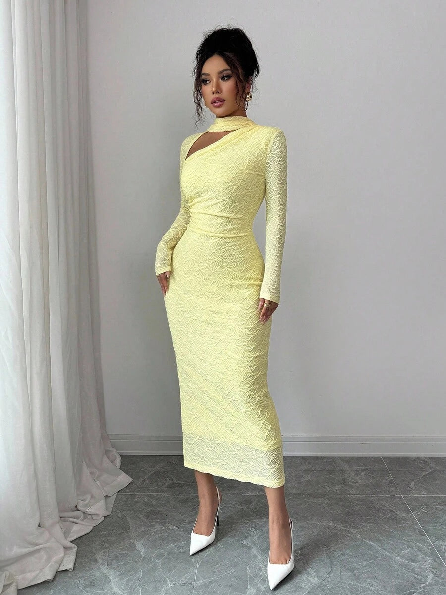 SHEIN Elenzga فستان طويل أنيق باللون الأصفر الكريمي