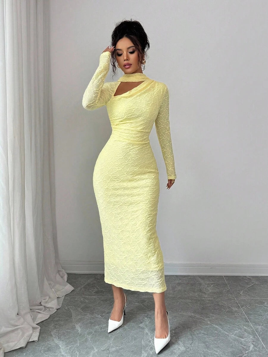 SHEIN Elenzga فستان طويل أنيق باللون الأصفر الكريمي