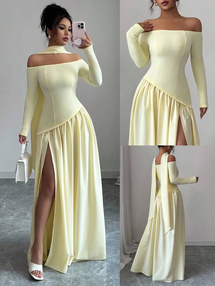SHEIN Chiquease فستان ماكسي لامع أصفر غير متماثل