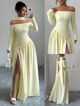 SHEIN Chiquease فستان ماكسي لامع أصفر غير متماثل