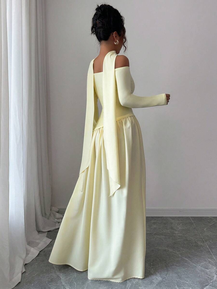 SHEIN Chiquease فستان ماكسي لامع أصفر غير متماثل