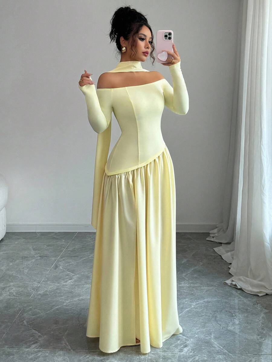 SHEIN Chiquease فستان ماكسي لامع أصفر غير متماثل