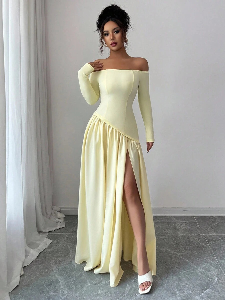 SHEIN Chiquease فستان ماكسي لامع أصفر غير متماثل