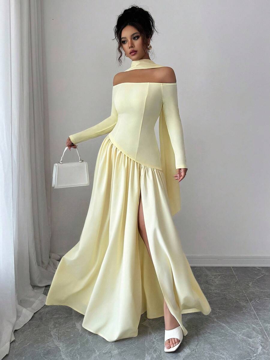 SHEIN Chiquease فستان ماكسي لامع أصفر غير متماثل