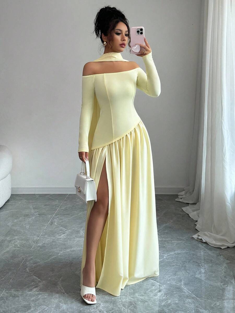 SHEIN Chiquease فستان ماكسي لامع أصفر غير متماثل