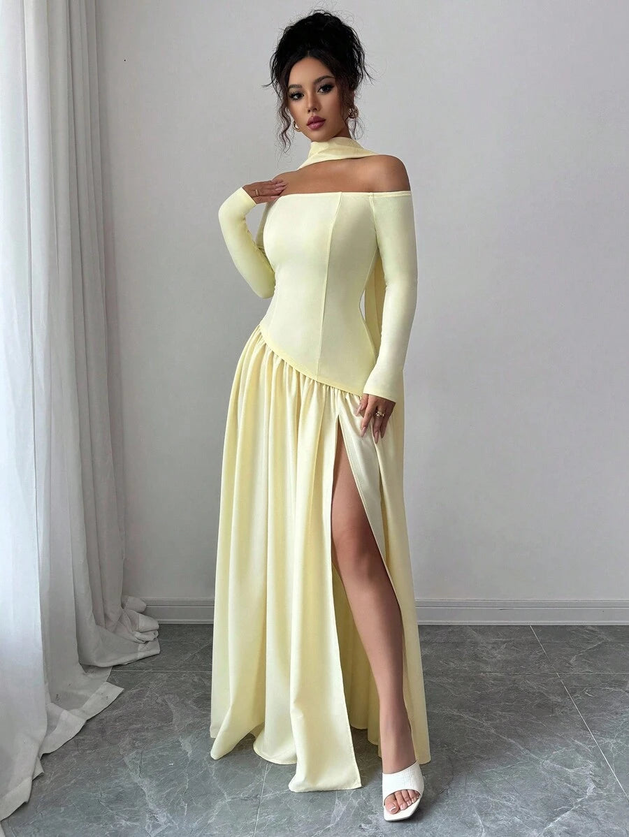 SHEIN Chiquease فستان ماكسي لامع أصفر غير متماثل