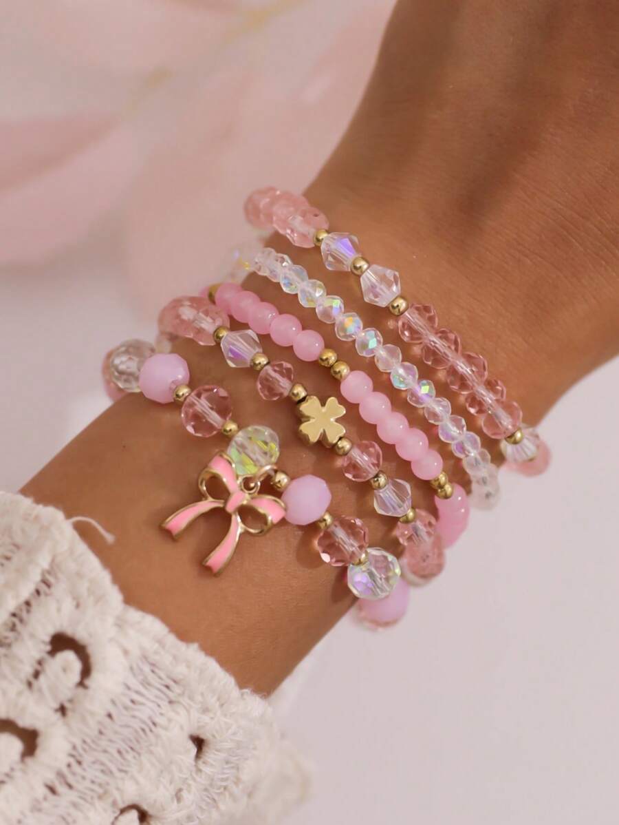 SHEIN مجموعة 5 أساور خرز زجاجي بشكل قلب وفيونكة وردي