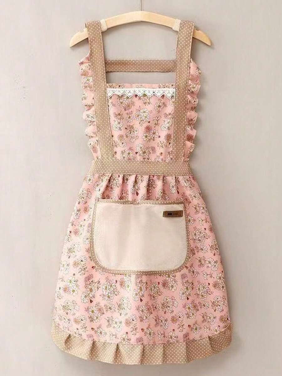 SHEIN مريلة مقاومة للماء والزيت مزخرفة بالزهور مع جيب