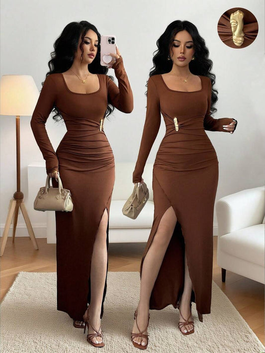 SHEIN Elenzga فستان بني بياقة مربعة وخصر بإبزيم