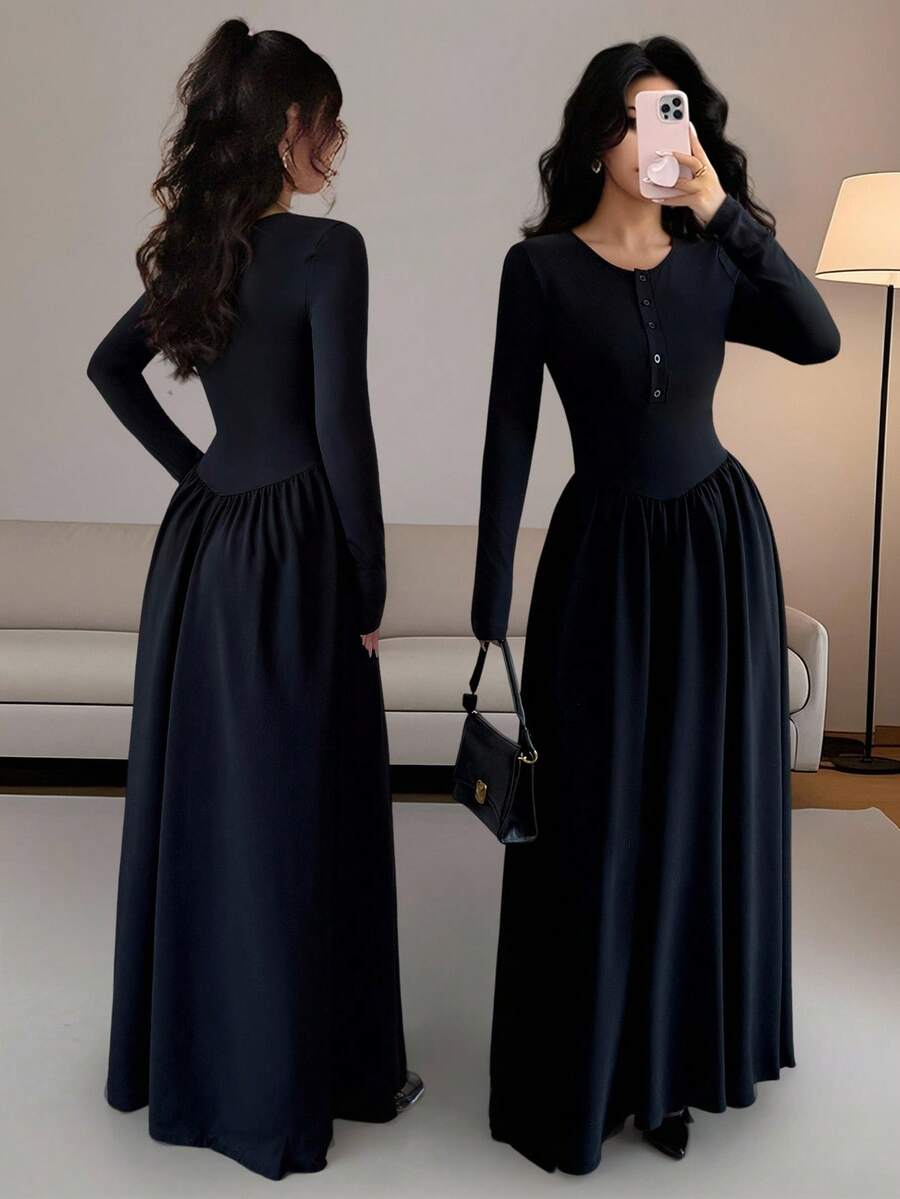 SHEIN Rafferiza فستان اسود برقبة مستديرة وأكمام طويلة