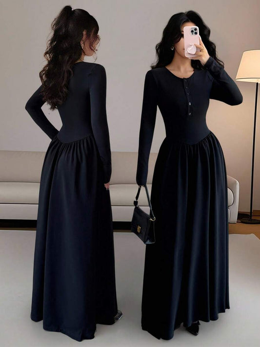 SHEIN Rafferiza فستان اسود برقبة مستديرة وأكمام طويلة