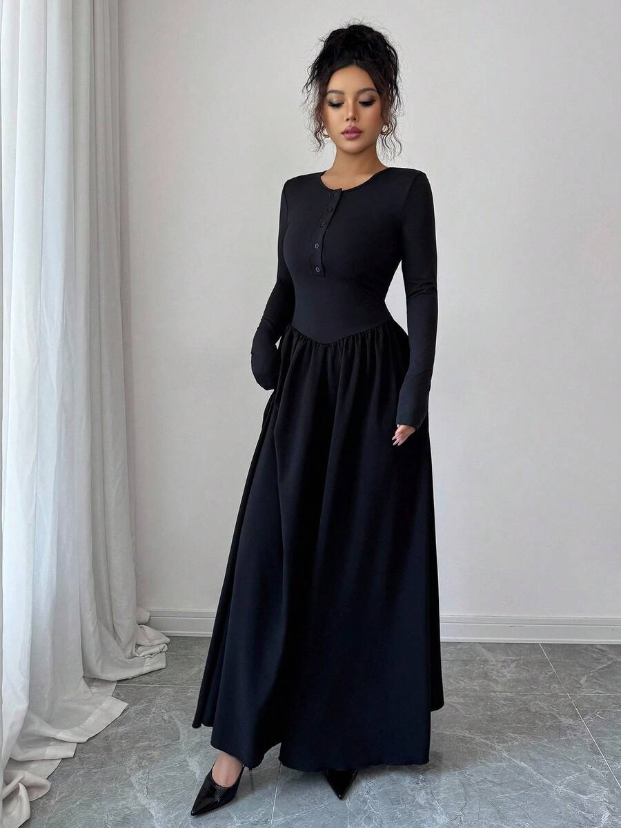 SHEIN Rafferiza فستان اسود برقبة مستديرة وأكمام طويلة