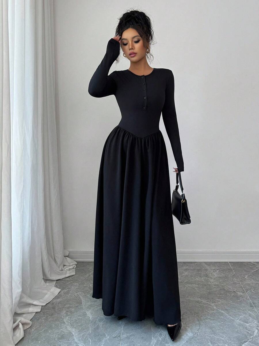 SHEIN Rafferiza فستان اسود برقبة مستديرة وأكمام طويلة
