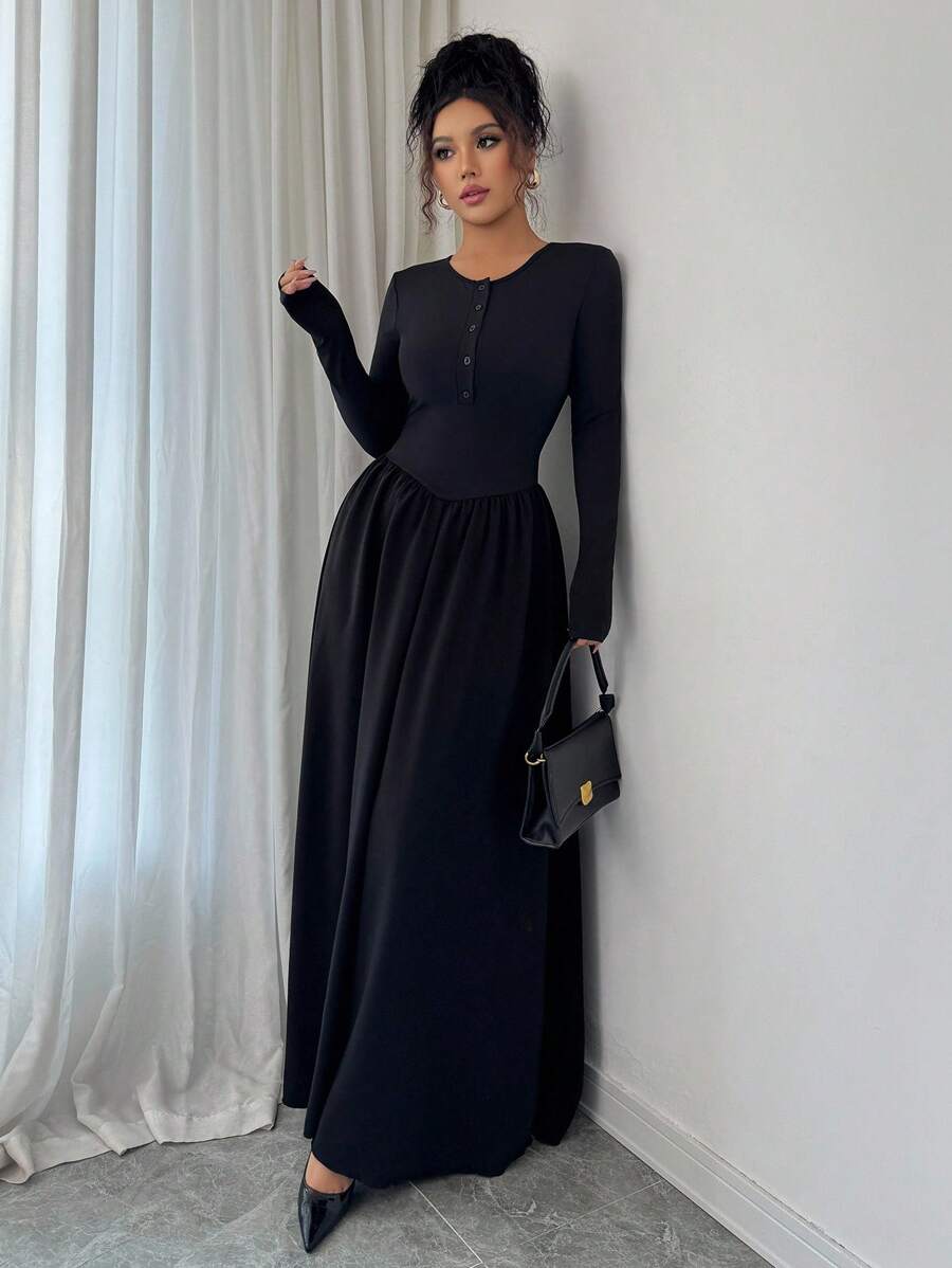 SHEIN Rafferiza فستان اسود برقبة مستديرة وأكمام طويلة