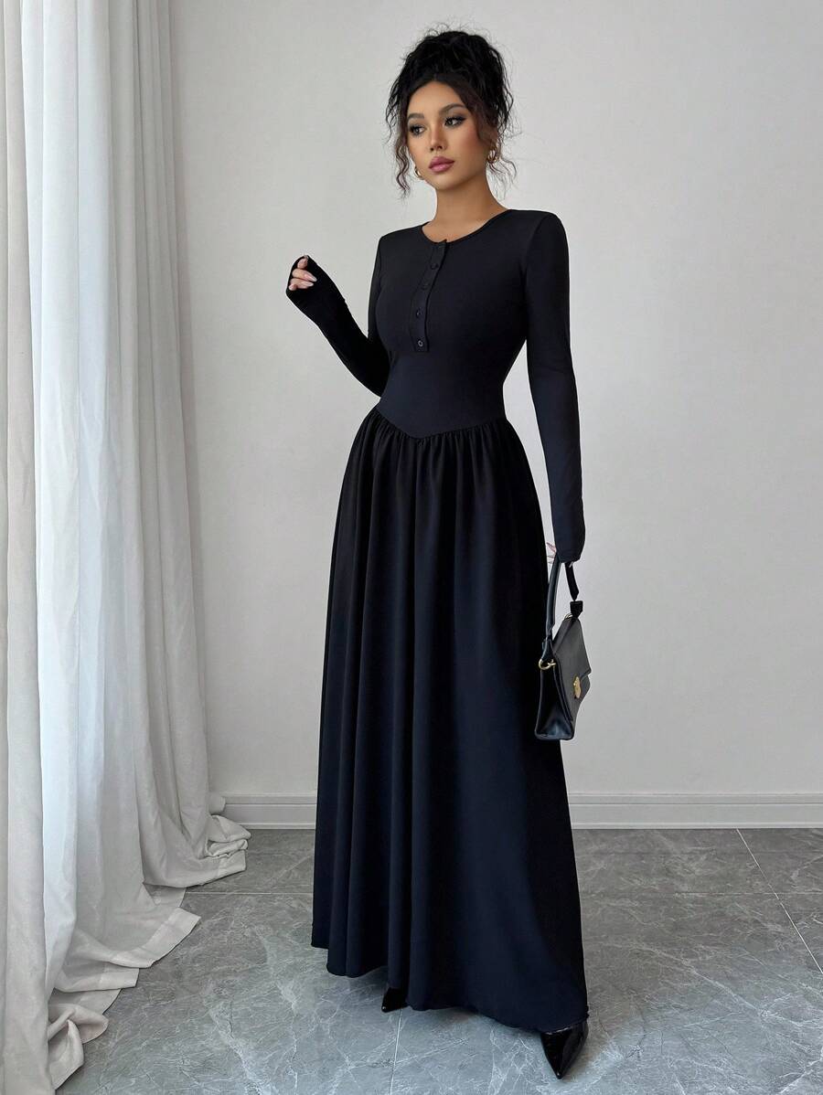 SHEIN Rafferiza فستان اسود برقبة مستديرة وأكمام طويلة