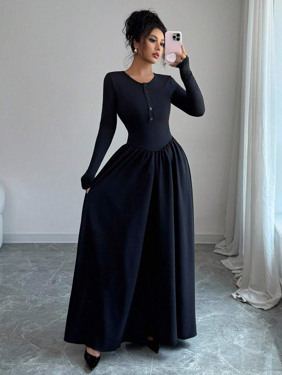 SHEIN Rafferiza فستان اسود برقبة مستديرة وأكمام طويلة
