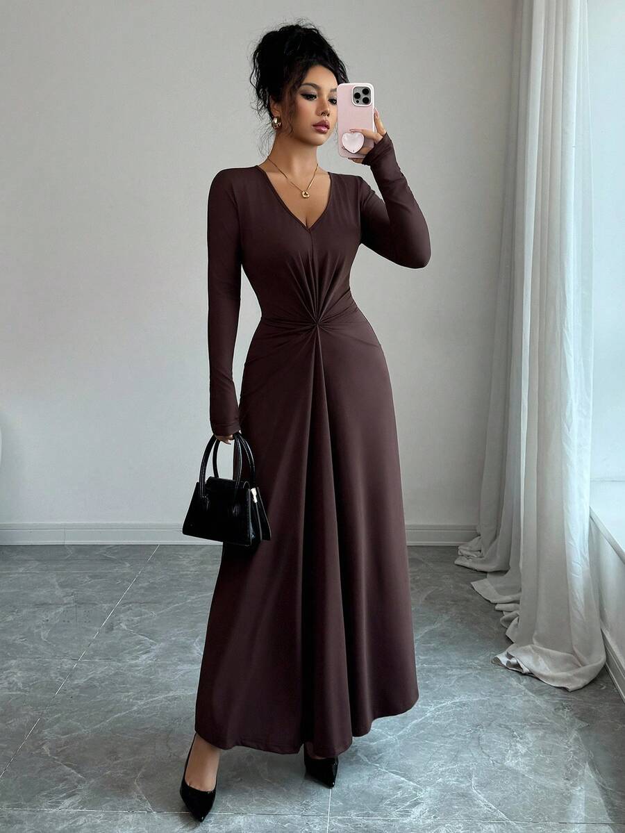 SHEIN Rafferiza فستان بني متوسط الطول