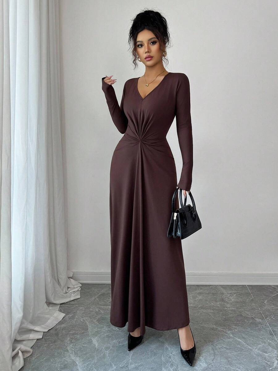 SHEIN Rafferiza فستان بني متوسط الطول